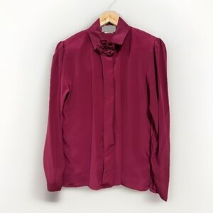 Vintage Sz 8 Prophecy Women's Blouse Magenta Flower Collar Hidden Button Up